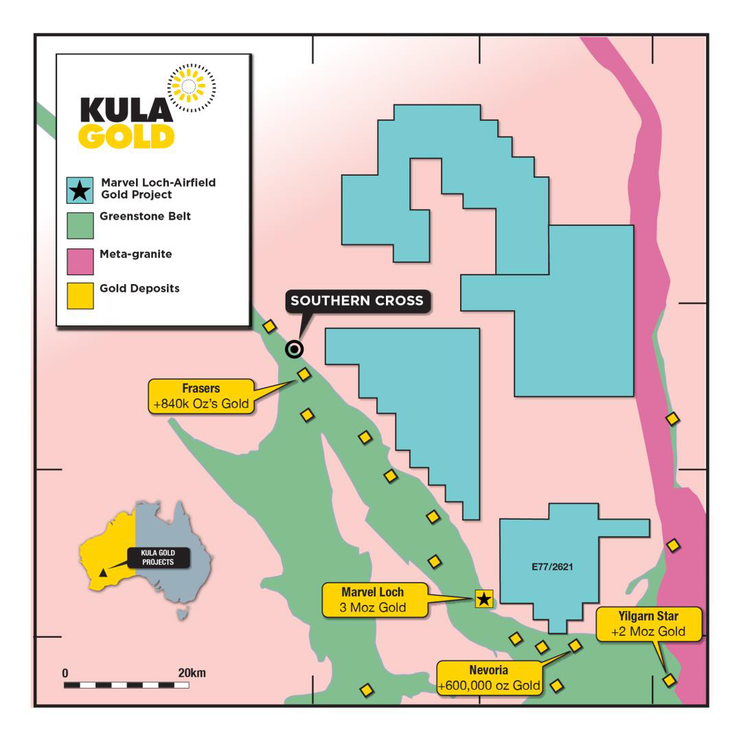 Kula Gold's holdings at Southern Cross - highlighting the Greenstone belt that runs through the region.