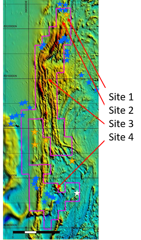 Figure 2 Red areas in the reprocessed magnetics interpreted to be potential Ultramafics/Mafics – subject to further field verification and sites visited during the field visit. Gold stars show historical gold projects, White stars are known pegmatites, Blue stars are known rock/laterite quarries in the area.