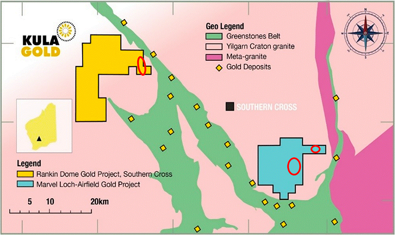 Figure 1 Kula Gold Ltd’s Southern Cross Projects and the red circles denote approximate auger drilling locations.