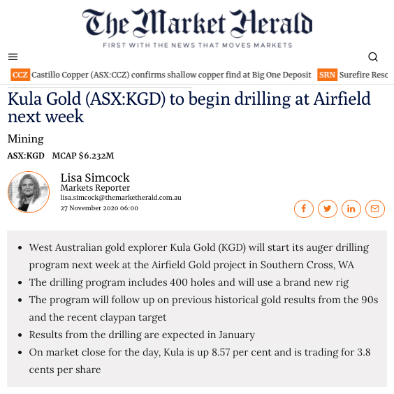 Headline from The Market Herald's news item on Kula Gold's plans to start auger drilling at Southern Cross