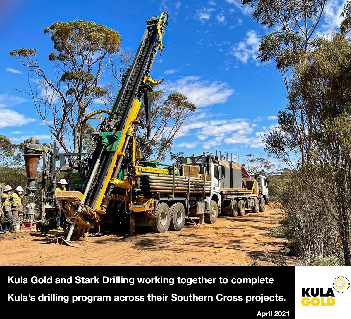 Stark Drilling rigs on the ground at Kula Gold's Airfield Gold Project - April 2021