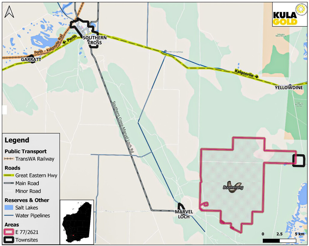 Figure 4. Location map of the Airfield Project shown and Boomerang Prospect showing proximity to Marvel Loch and Southern Cross towns, railway, road and water infrastructure