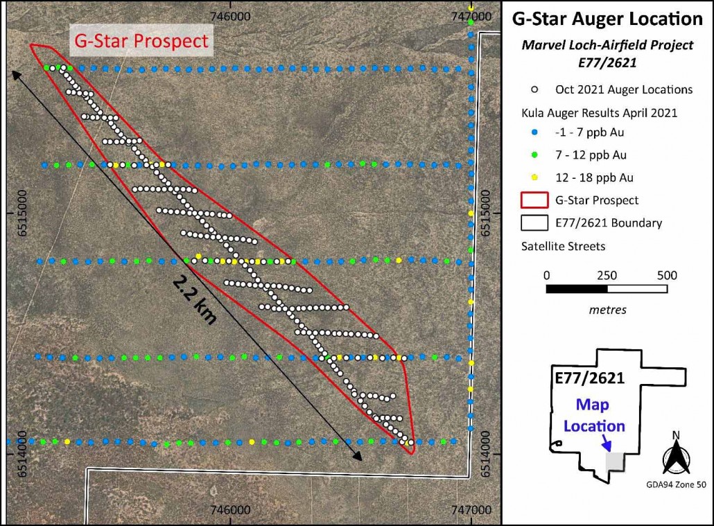 Figure 2. Kula’s new G-Star Gold Prospect identified from results of first pass auger geochemistry sampling (yellow, green and blue dots), and location of the recently completed follow up auger geochemistry samples (white dots).