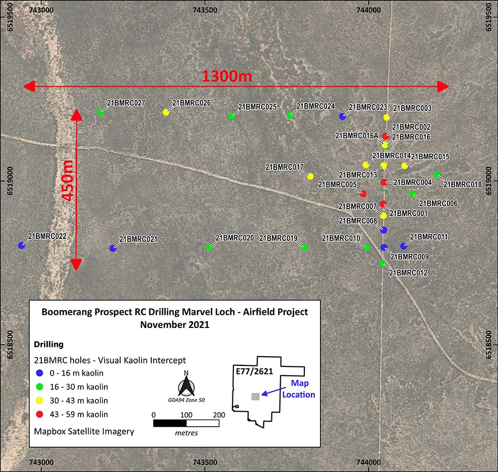 Figure 2. Map showing location of completed RC holes, coloured by depth of vertical kaolin intercept (as determined visually by geologist on rig)