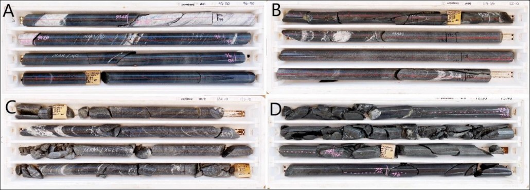 Figure 5: Photographs from 21CYDD002 showing, A: amphibolite with quartz veining, B: silica-altered amphibolite with quartz veining, and examples of the brittle faulting within silica-altered amphibolite (C) and finer grained amphibolite (D)